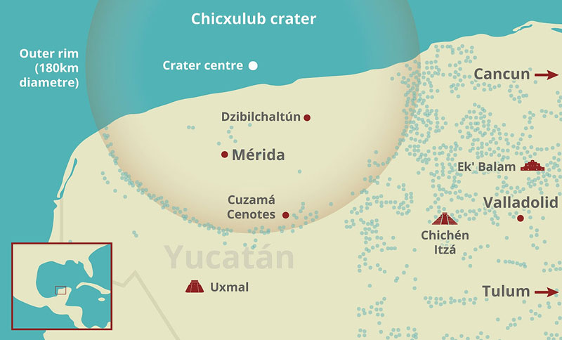 Map of the Yucatan showing Chicxulub crater and cenote locations